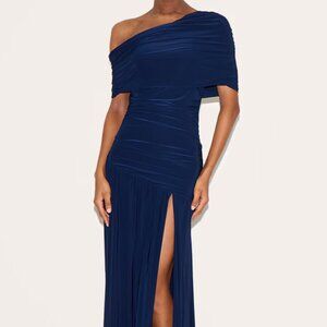 Navy Double Layer Slinky Bardot One Shoulder Ruched Maxi Dress